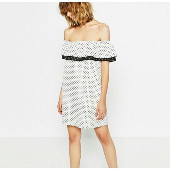 Zara Polka Dot Off the Shoulder Mini Dress Size XS - Picture 1 of 7